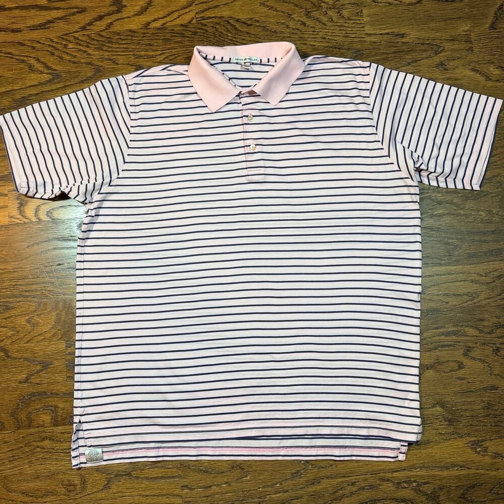 Peter Millar XL Short Sleeve Striped Polo - Pink & Navy - 100% Cotton